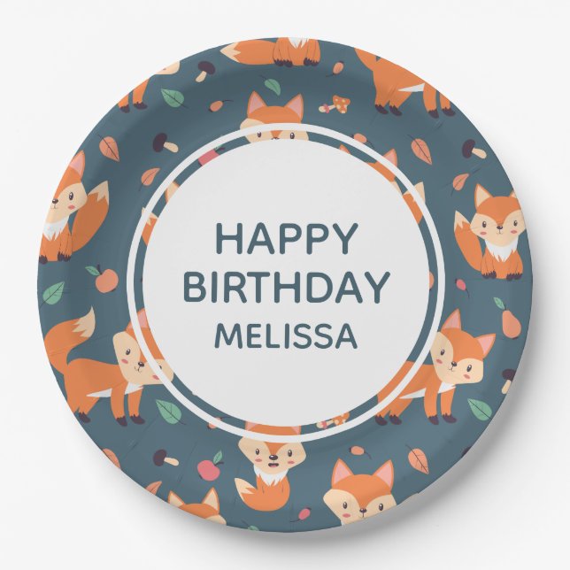 Cute Orange Fox Pattern Happy Birthday Paper Plate (Front)