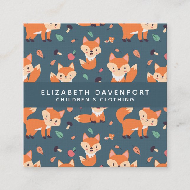 Cute Orange Fox Pattern Illustration Square Business Card (Front)