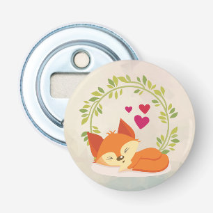 Cute Orange Fox, Red Hearts and a Green Wreath Bottle Opener