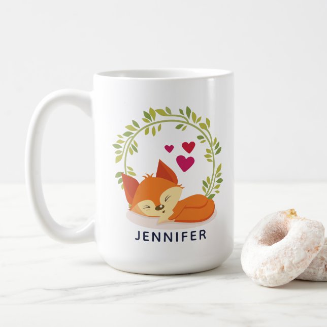Cute Orange Fox, Red Hearts and a Green Wreath Coffee Mug (With Donut)