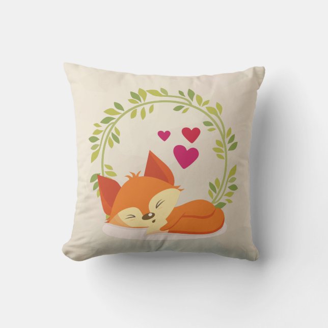 Cute Orange Fox, Red Hearts and a Green Wreath Throw Pillow (Front)