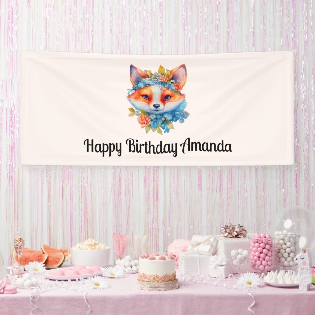 Cute Orange Fox with Floral Crown Birthday Banner (Party)