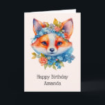 Cute Orange Fox with Floral Crown Birthday Card<br><div class="desc">Birthday card with an illustration of an adorable fox portrait with a blue and orange floral crown and collar.</div>