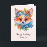 Cute Orange Fox with Floral Crown Birthday Card<br><div class="desc">Birthday card with an illustration of an adorable fox portrait with a blue and orange floral crown and collar.</div>