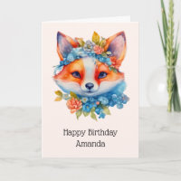 Cute Orange Fox with Floral Crown Birthday