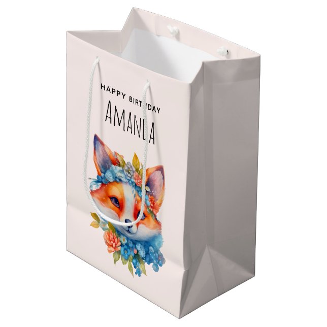 Cute Orange Fox with Floral Crown Birthday Medium Gift Bag (Front Angled)