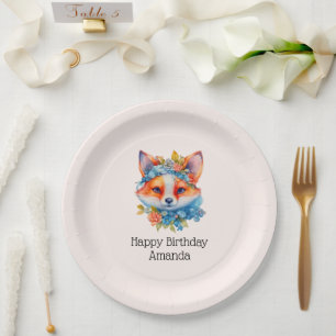 Cute Orange Fox with Floral Crown Birthday Paper Plate