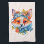 Cute Orange Fox with Floral Crown Kitchen Towel<br><div class="desc">A kitchen towel with an illustration of an adorable fox portrait with a blue and orange floral crown and collar.</div>