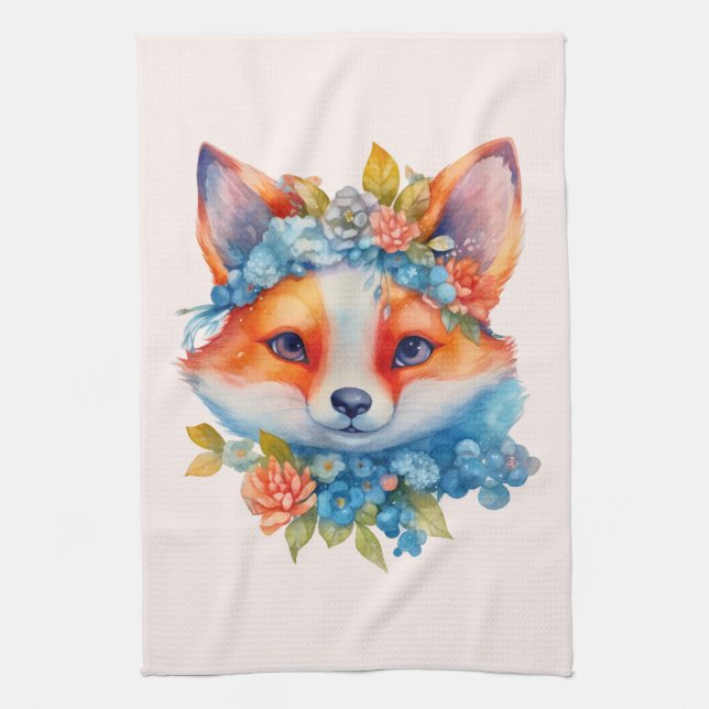 Cute Orange Fox with Floral Crown Kitchen Towel (Vertical)