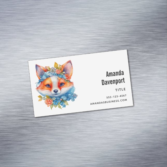 Cute Orange Fox with Floral Crown Magnetic Business Card (In Situ)