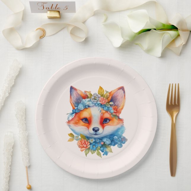 Cute Orange Fox with Floral Crown Paper Plate (Wedding)