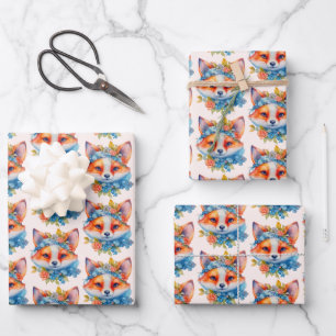 Cute Orange Fox with Floral Crown Pattern Wrapping Paper Sheet