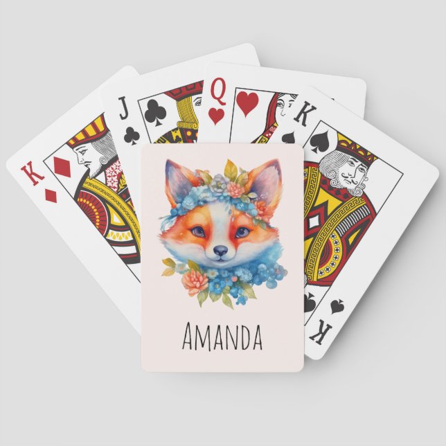 Cute Orange Fox with Floral Crown Playing Cards (Back)