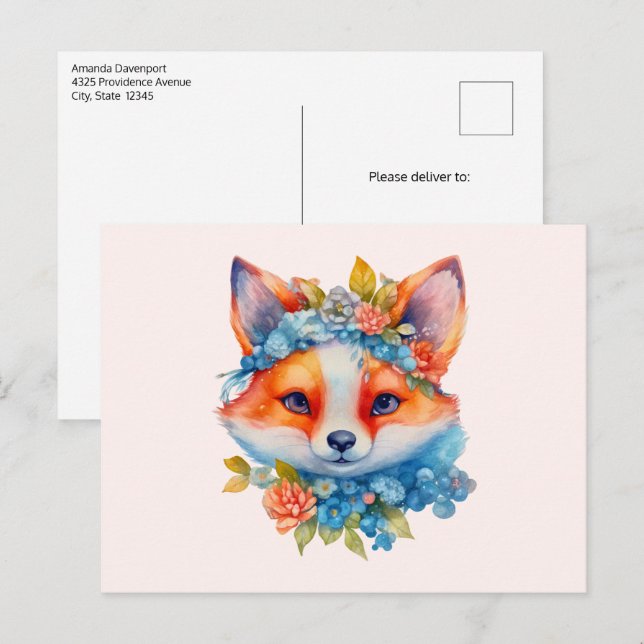 Cute Orange Fox with Floral Crown Postcard (Front/Back)