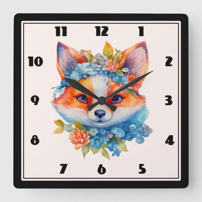 Cute Orange Fox with Floral Crown Square Wall Clock (Front)