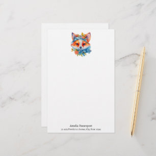 Cute Orange Fox with Floral Crown Stationery