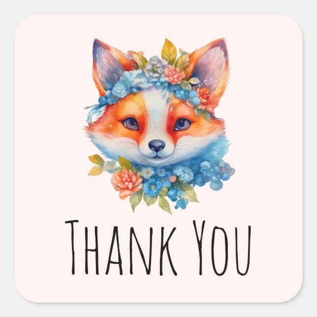 Cute Orange Fox with Floral Crown Thank You Square Sticker (Front)