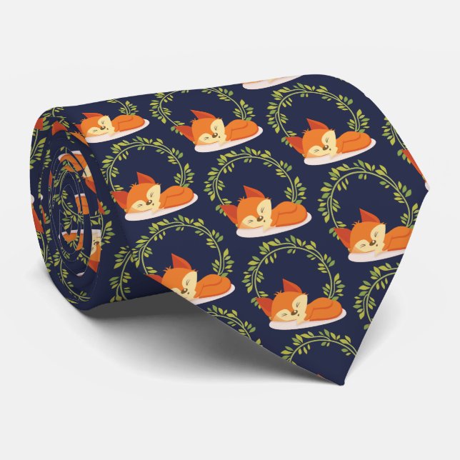 Cute Orange Fox with Foliage Wreath Pattern Tie (Rolled)