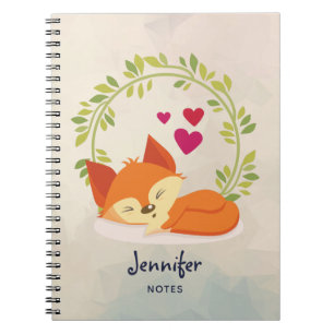 Cute Orange Fox with Hearts and a Green Wreath Notebook