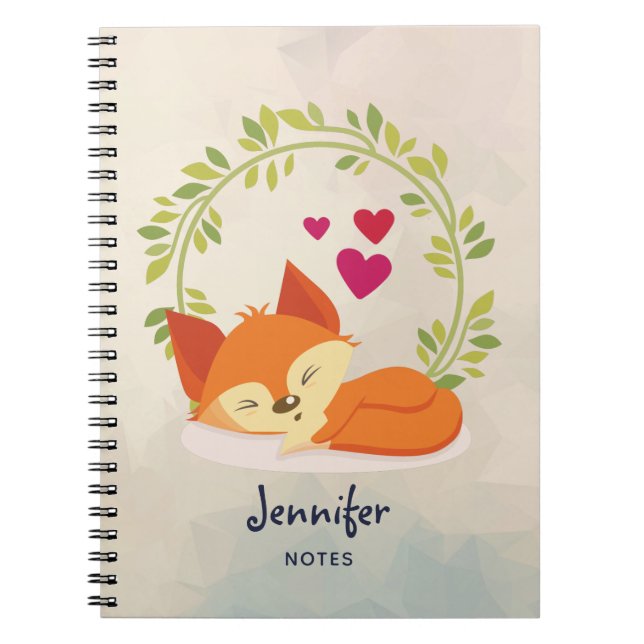 Cute Orange Fox with Hearts and a Green Wreath Notebook (Front)
