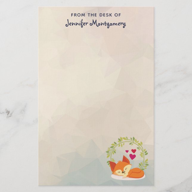 Cute Orange Fox with Hearts and a Green Wreath Stationery (Front)
