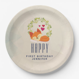 Cute Orange Fox with Wreath and Hearts Birthday Paper Plate