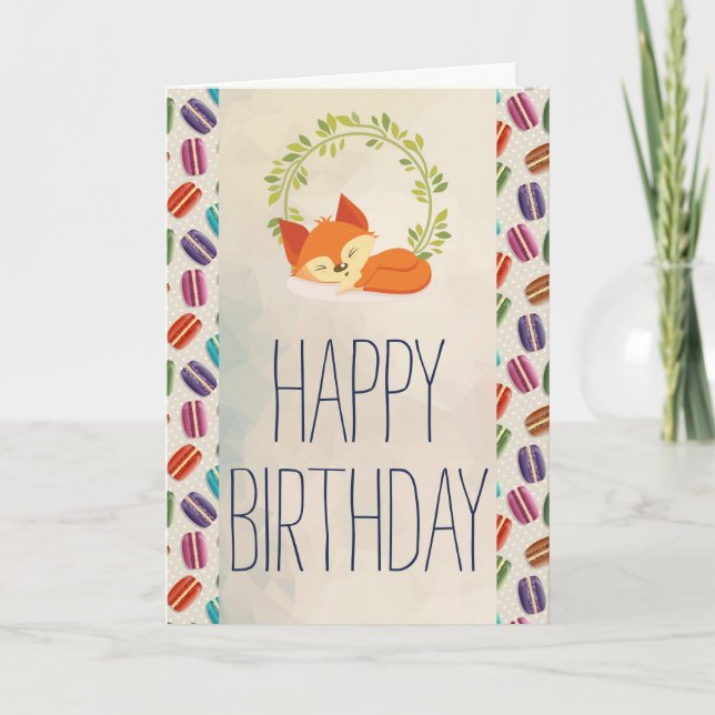 Cute Orange Fox with Wreath Happy Birthday Card (Front)