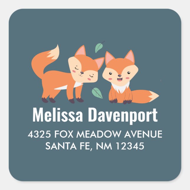 Cute Orange Foxes Graphic Illustration Address Square Sticker (Front)