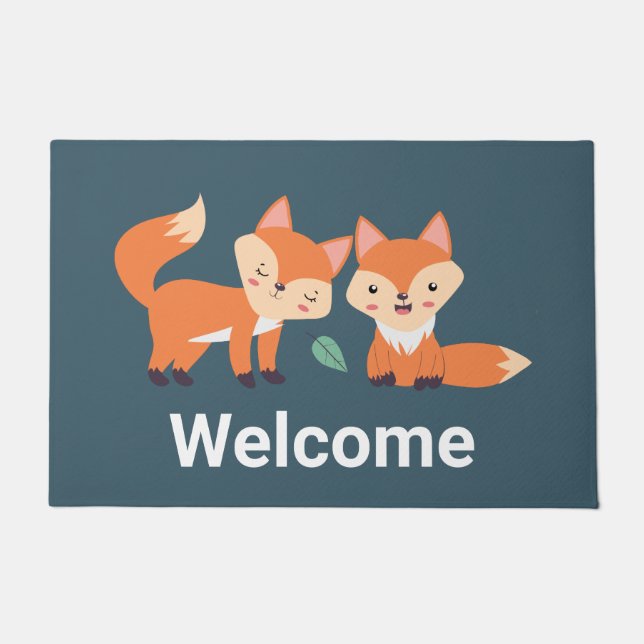 Cute Orange Foxes Graphic Illustration Doormat (Front)