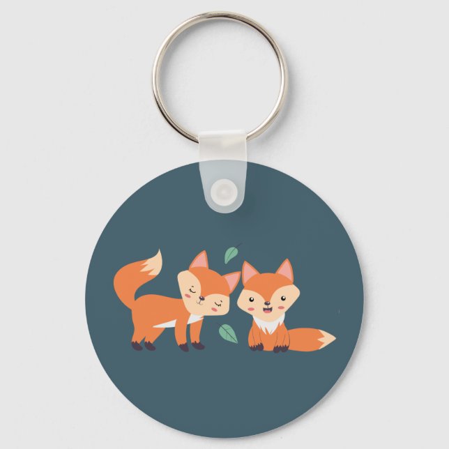 Cute Orange Foxes Graphic Illustration Keychain (Front)