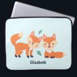 Cute Orange Foxes Graphic Illustration Laptop Sleeve<br><div class="desc">Personalized laptop sleeve with a graphic illustration of 2 orange foxes looking cute and happy. Light blue background.</div>