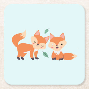 Cute Orange Foxes Graphic Illustration Square Paper Coaster