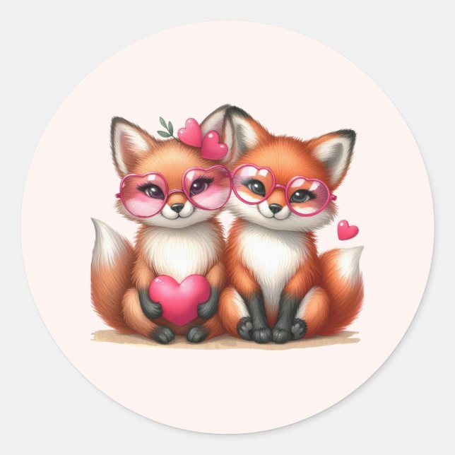 Cute Orange Foxes in Love Classic Round Sticker (Front)