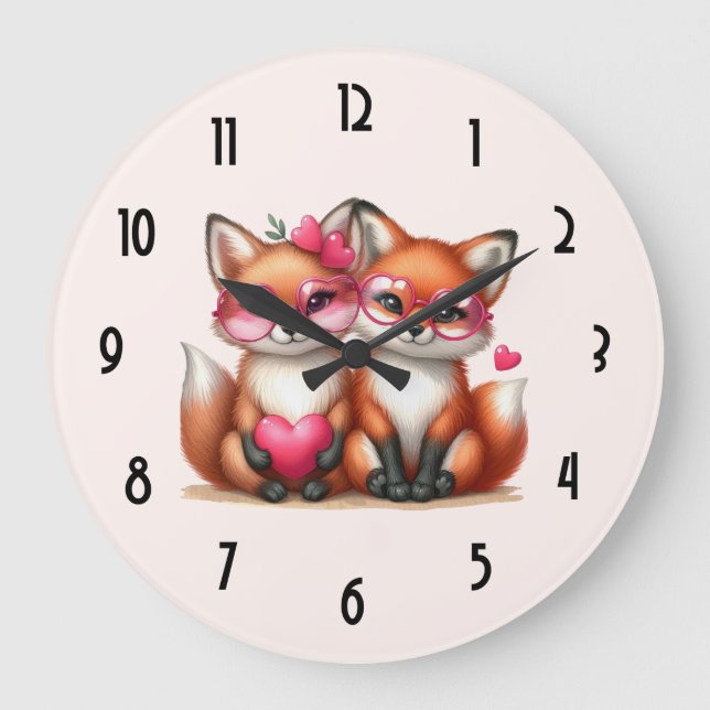 Cute Orange Foxes in Love Large Clock (Front)