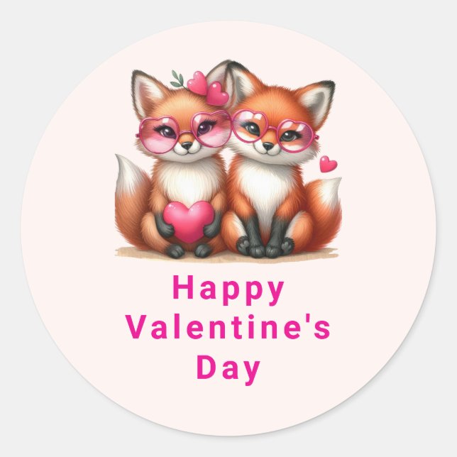 Cute Orange Foxes in Love Valentine's Day Classic Round Sticker (Front)