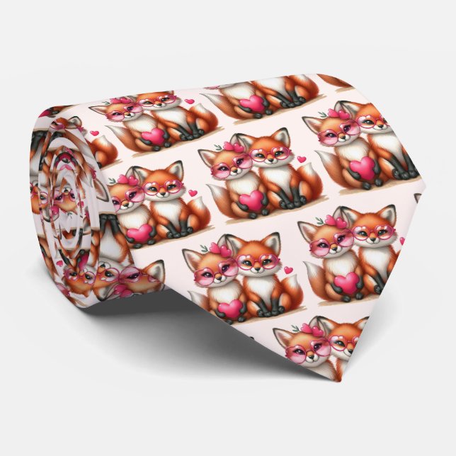 Cute Orange Foxes in Love Valentine's Day Pattern Tie (Rolled)