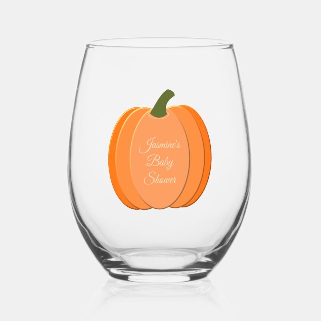Cute Orange Gender Neutral Pumpkin Baby Shower Stemless Wine Glass (Front)