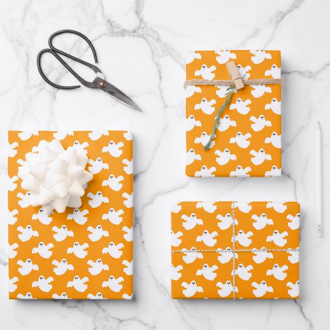 Cute Orange Ghost Halloween Wrapping Paper Sheet (Front)