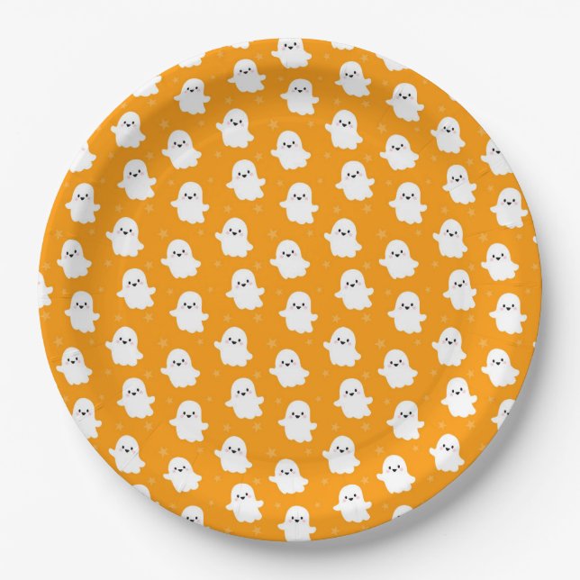 Cute Orange Ghost Pattern – Halloween Design Paper Plate (Front)
