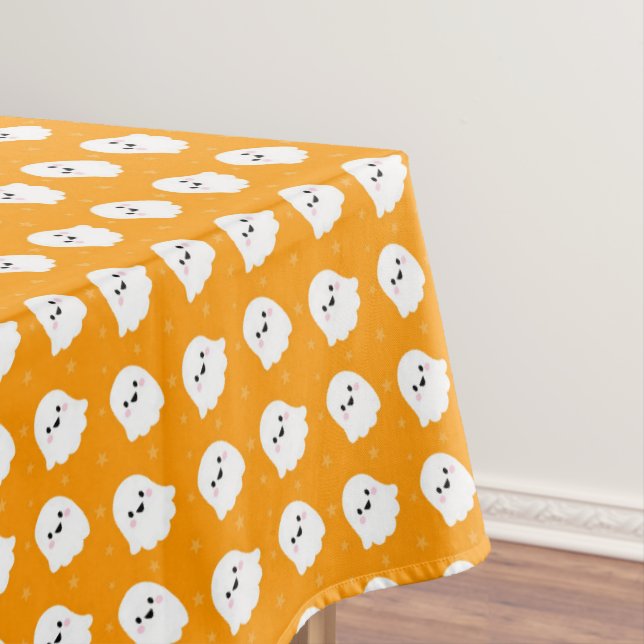 Cute Orange Ghost Pattern – Halloween Design Tablecloth (In Situ)