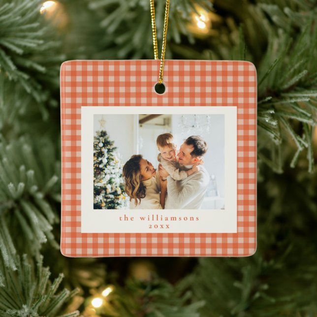 Cute Orange Gingham Plaid Custom Photo Christmas Ceramic Ornament (Tree)