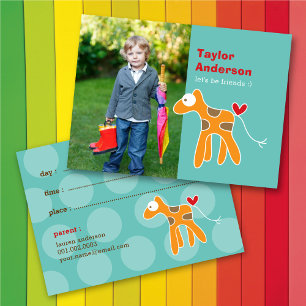 Cute Orange Giraffe On Teal Photo Kid's Play Date Calling Card