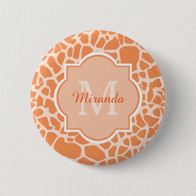 Cute Orange Giraffe Print Monogram and Name 2 Inch Round Button (Front)