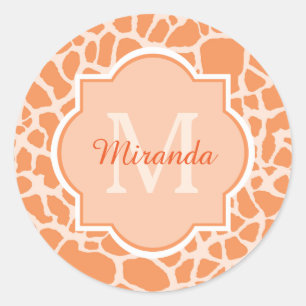 Cute Orange Giraffe Print Monogram and Name Classic Round Sticker