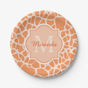 Cute Orange Giraffe Print Monogram and Name Paper Plate