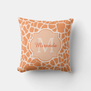 Cute Orange Giraffe Print Monogram and Name Throw Pillow