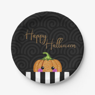 Cute Orange Glitter Pumpkin Halloween Party Paper Plate