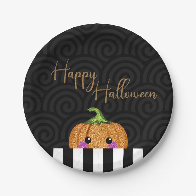 Cute Orange Glitter Pumpkin Halloween Party Paper Plate (Front)