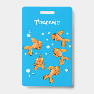 Cute orange goldfish on blue cartoon illustration badge