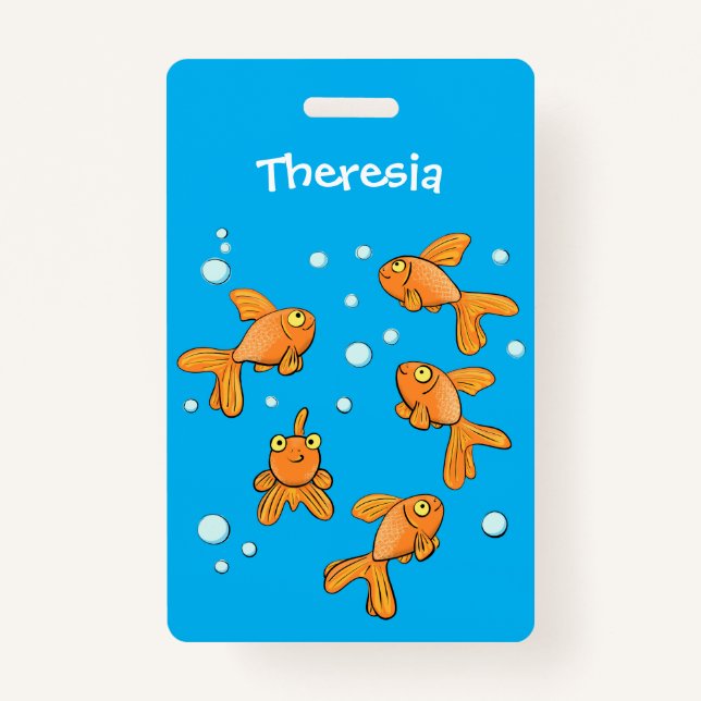 Cute orange goldfish on blue cartoon illustration badge (Front)